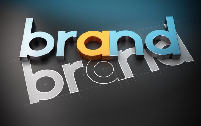 Scritta tridimensionale "brand" con lettere azzurre e arancioni, design moderno per branding aziendale